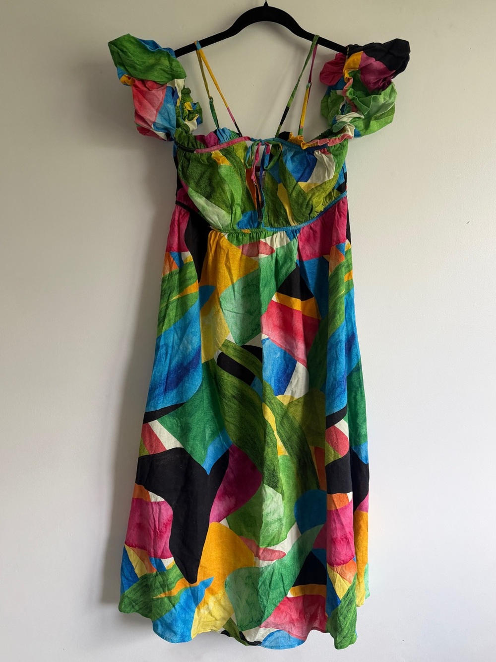 H&M Linen Blend Vibrant Multicolor Off the Shoulder Puff Sleeve Dress